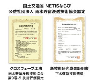 国⼟交通省 NETISならび公益社団法⼈ ⾬⽔貯留浸透技術協会認定:クロスウェーブ⼯法 ⾬⽔貯留浸透技術協会 第9号-5 技術評価認定/新技術研究成果証明書 下⽔道新技術機構